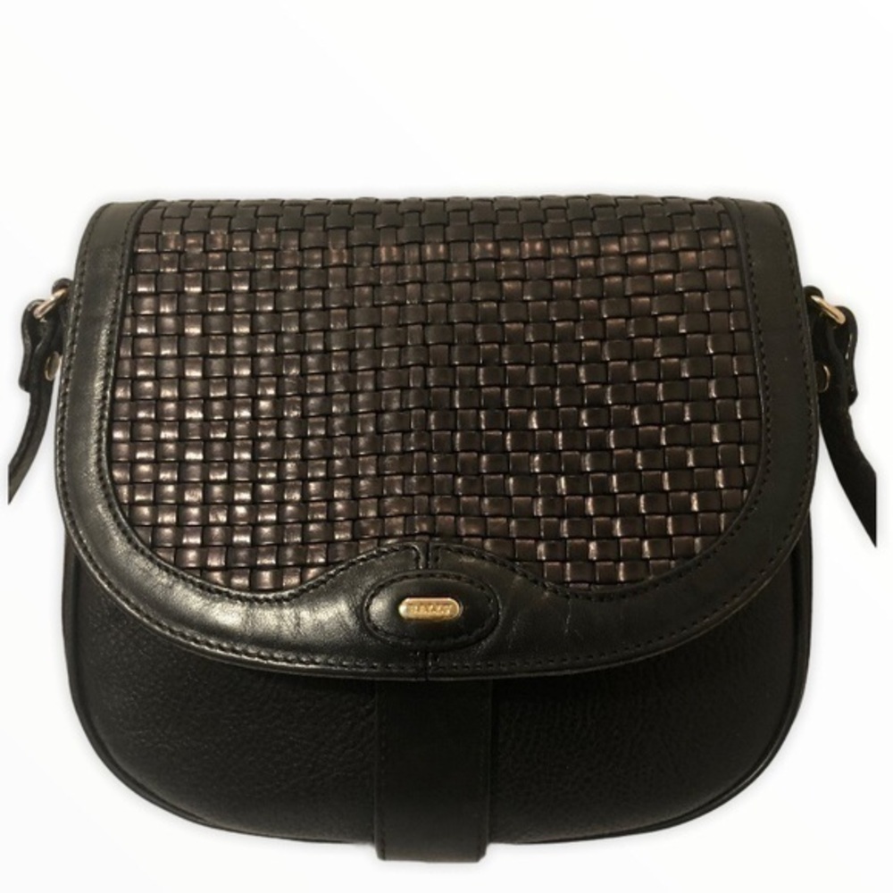 Bally black leather woven crossbody flap bag
